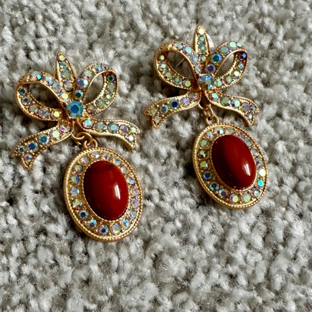 Amazing Gift ! Unique Color Crystal Beaded Bow Vintage Oriental Jasper Earrings